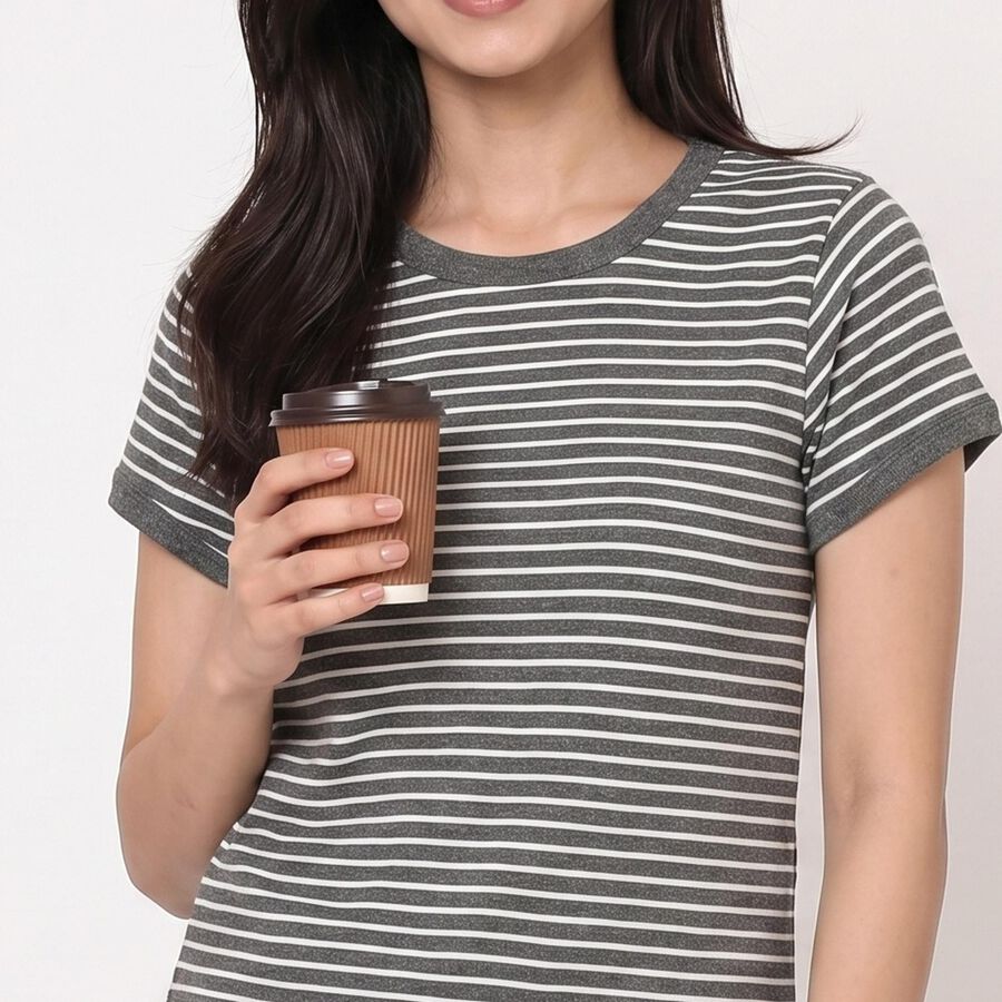 Women Grey Round Neck Regular T-Shirt, Melange Mid Grey, large