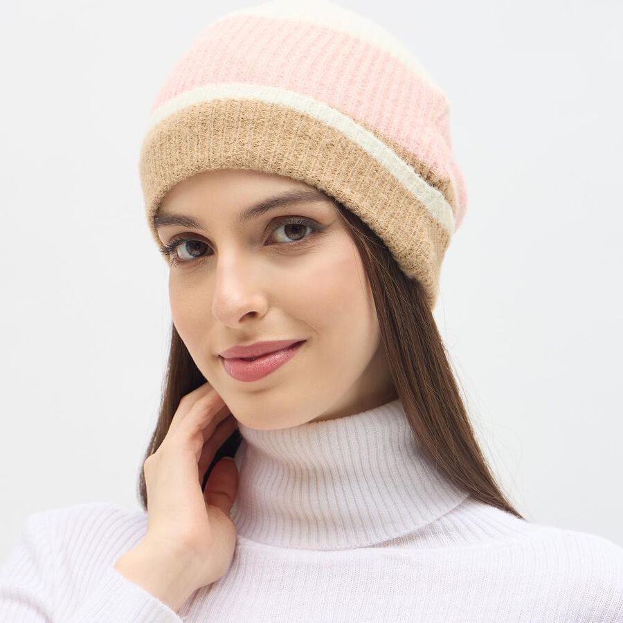 Women's Pastel Pink and Beige Striped Knitted Beanie Cap, हल्का गुलाबी, large image number null