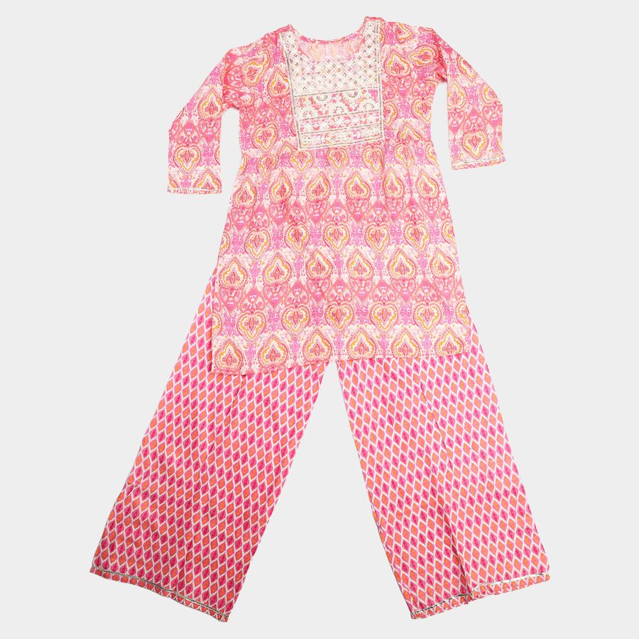 Girls Fuchsia Round Neck Fusion Set Upper and Bottom Set, Fuchsia, large