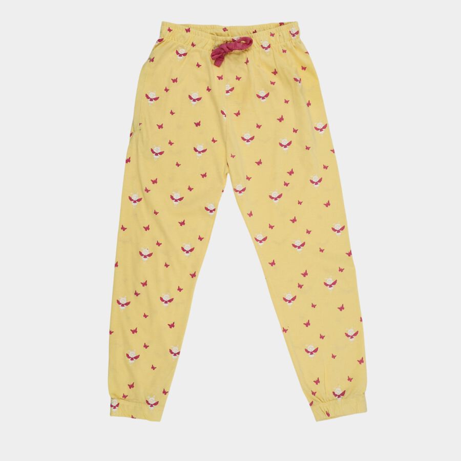Girls Yellow Regular Fit Heart Printed Pyjama, Yellow, large