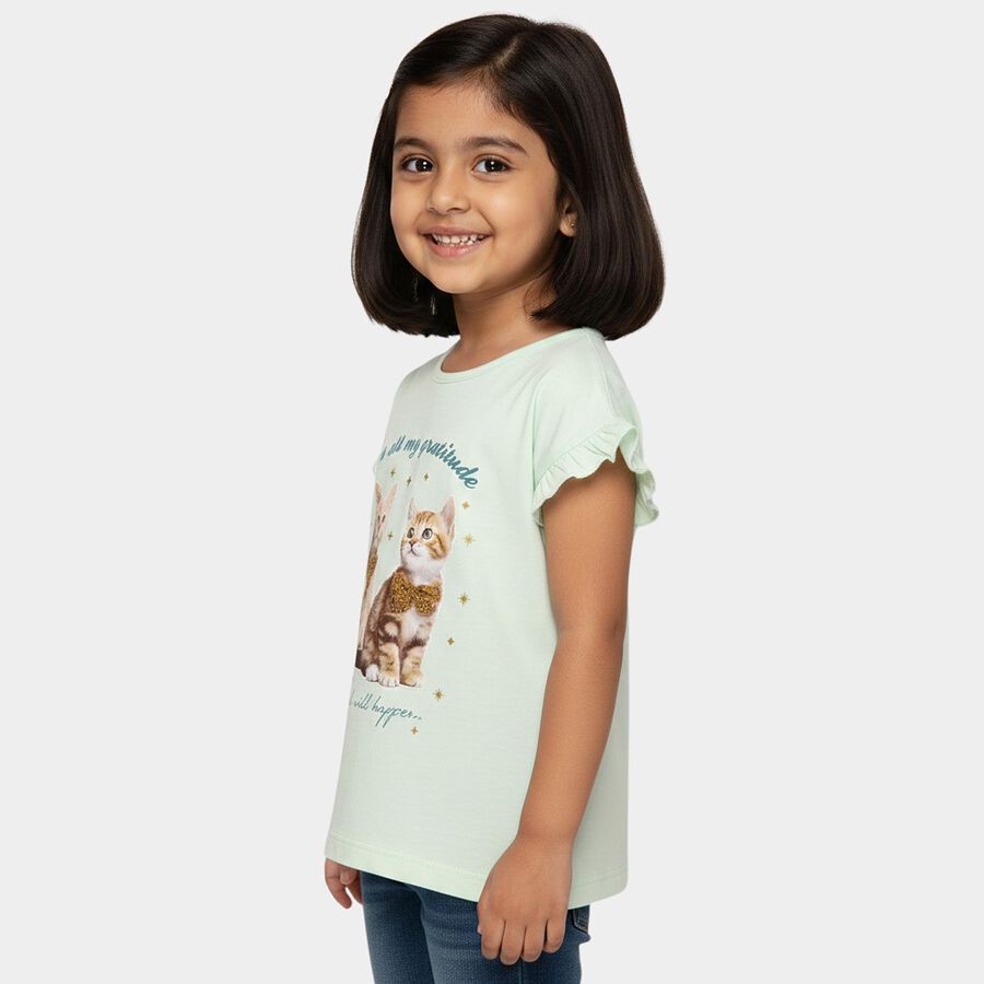 Girls' Mint Green Cotton Round Neck Graphic Print Ruffle Sleeve T-Shirt, Light Green, large