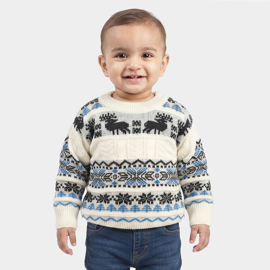 Infants' Cream Crew Neck Printed Pullover, ऑफ व्हाइट, large