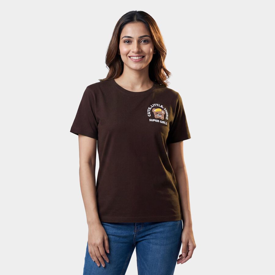 Women's Brown Cotton Round Neck Minimalist T-Shirt, Brown, large