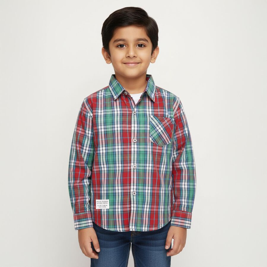 Boys Bright Red and Green Cotton Classic Collar Casual Shirt, लाल, large image number null