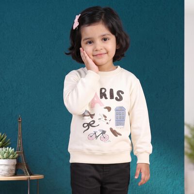Girls' Off White Crew Neck Graphic Print Sweatshirt