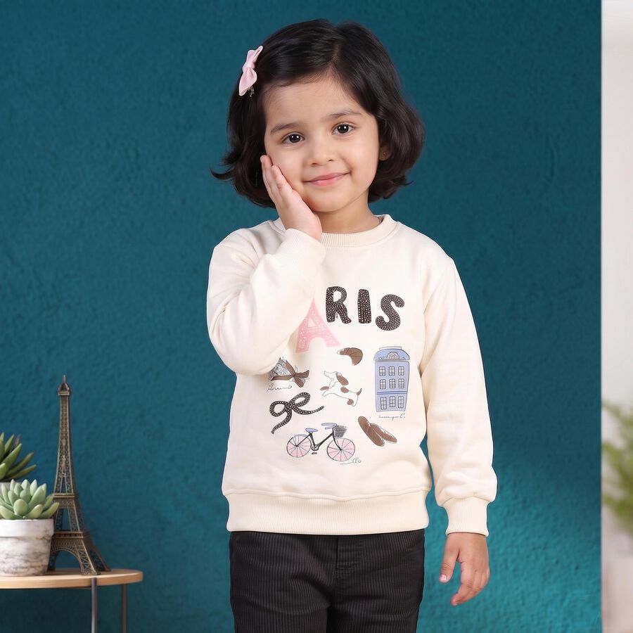 Girls' Off White Crew Neck Graphic Print Sweatshirt, ऑफ व्हाइट, large