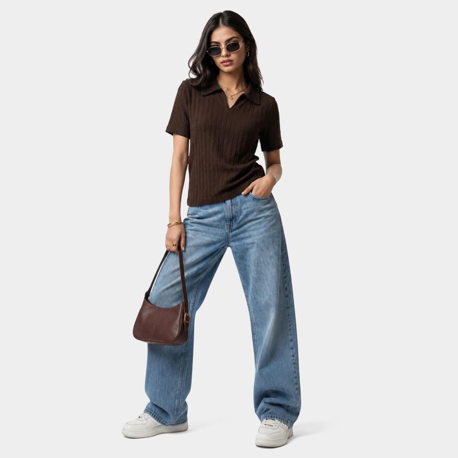 Women's Brown Polo Neck Polo T-Shirt, Brown, large