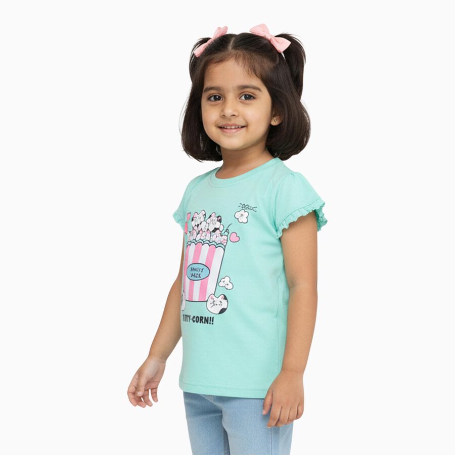 Girls Light Mint Green Cotton Round Neck Casual T-Shirt, हल्का हरा, large image number null
