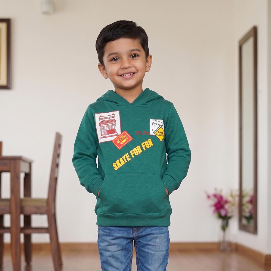 Boys' Green Hoodie Neck Graphic Sweatshirt, गहरा हरा, large