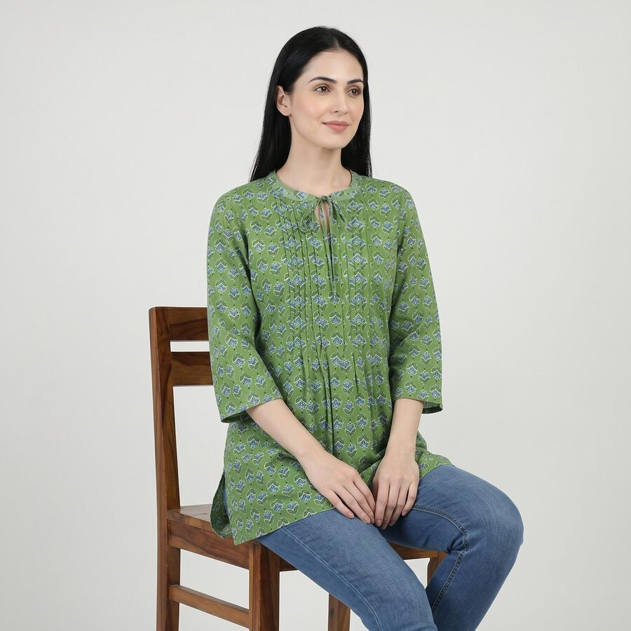 Women's Green Round Neck Printed A-Line Kurti, Light Green, large
