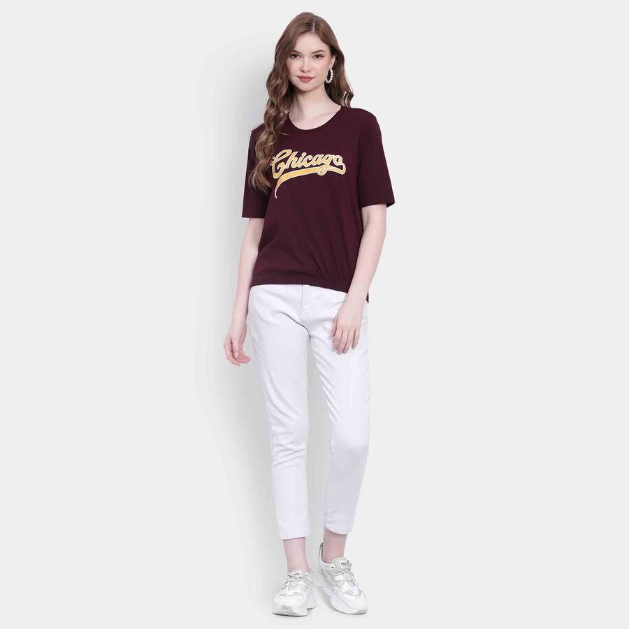 Printed Round Neck T-Shirt, Wine, large image number null