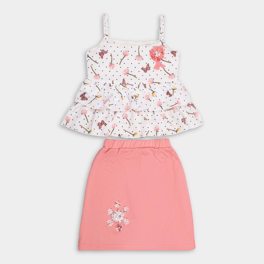 Girls' White Floral Printed Sleeveless Top and Pink Skirt Set, Coral, large image number null