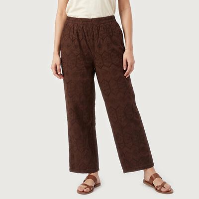 Women's Brown Wide Leg Embroidered Trousers