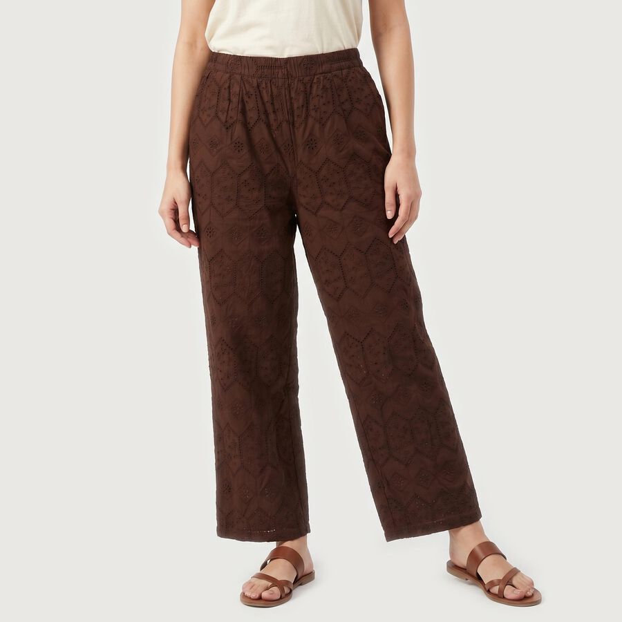 Women's Brown Wide Leg Embroidered Trousers, भूरा, large