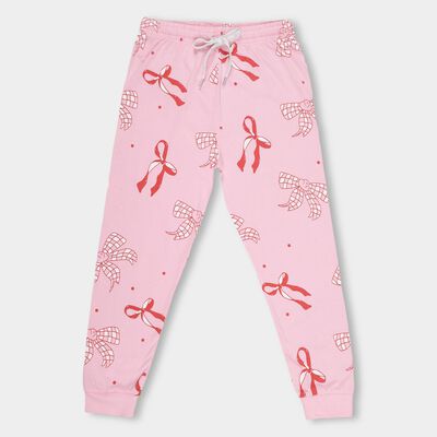 Girls' Soft Pink Bow Printed Jogger Pyjama