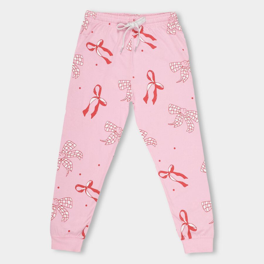 Girls' Soft Pink Bow Printed Jogger Pyjama, Light Pink, large image number null