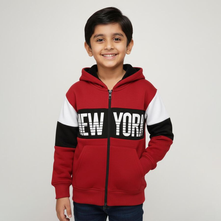 Boys Rich Maroon Hoodie Neck Streetwear Sweatshirt, Maroon, large image number null