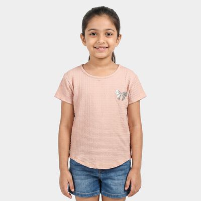 Girls Peach Round Neck Regular T-Shirt