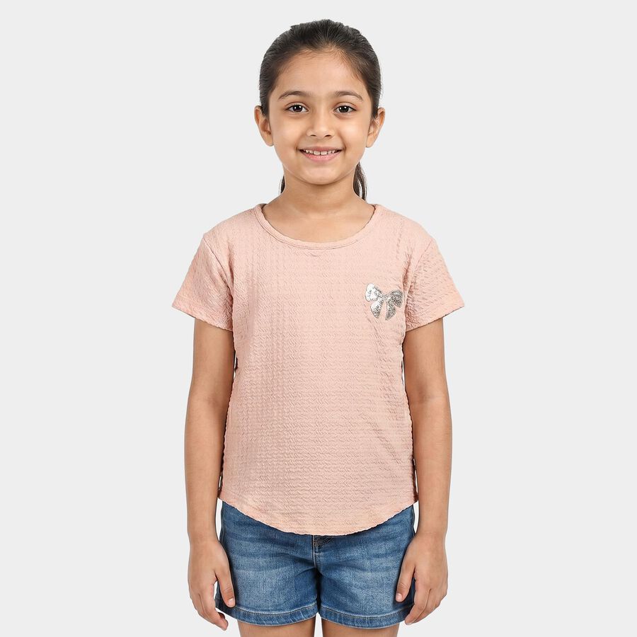 Girls Peach Round Neck Regular T-Shirt, पीच, large