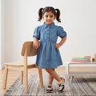 Girls' Blue Fit and Flare Embellished Shirt Collar Frock, मध्यम नीला, small