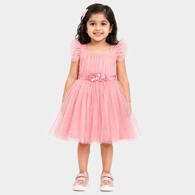 Girls' Pink Fit and Flare Embellished Party Wear Frock