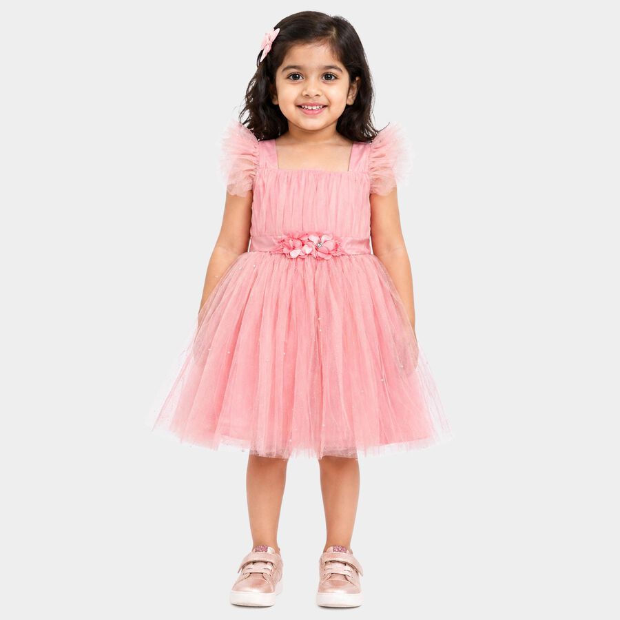 Girls' Pink Fit and Flare Embellished Party Wear Frock, गुलाबी, large
