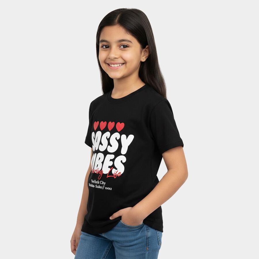Girls Black Round Neck Casual T-Shirt, काला, large