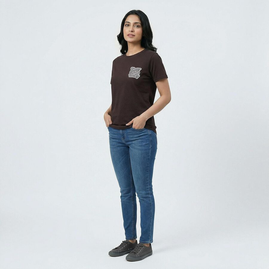 Women's Brown Round Neck Casual T-Shirt, भूरा, large