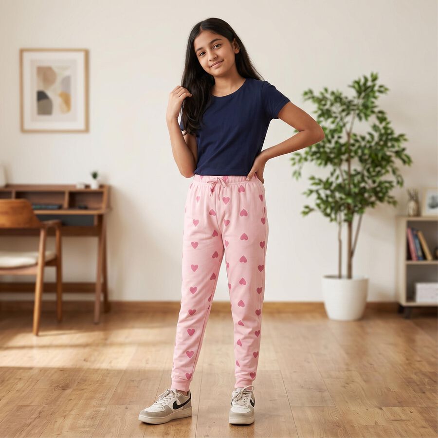 Girls Pink Heart Printed Drawstring Jogger Pyjama, Pink, large