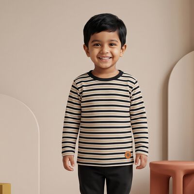 Boys Beige Cotton Blend Round Neck Regular T-Shirt