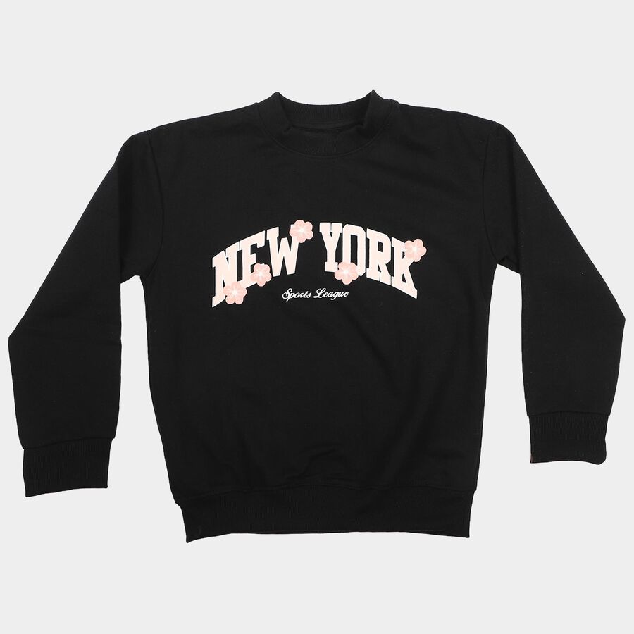 Girls' Black Crew Neck Pullover Sweatshirt, काला, large
