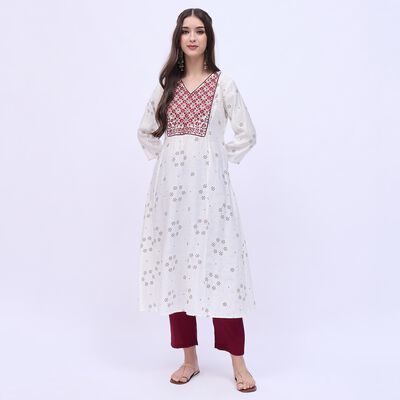 Women's Rich Ivory White Embroidered Ethnic Set