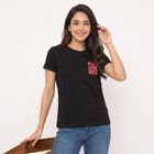 Women's Black Round Neck Graphic Print Regular T-Shirt, Black, small