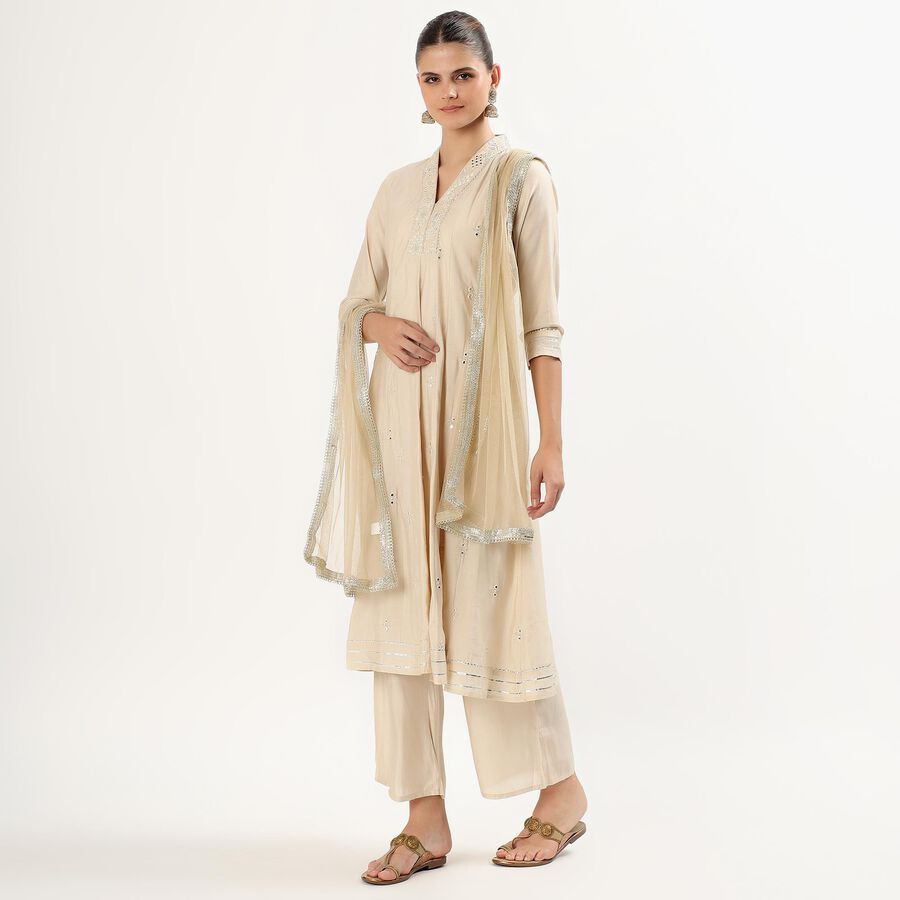 Women's Beige V-Neck Embroidered Kurta, Beige, large image number null