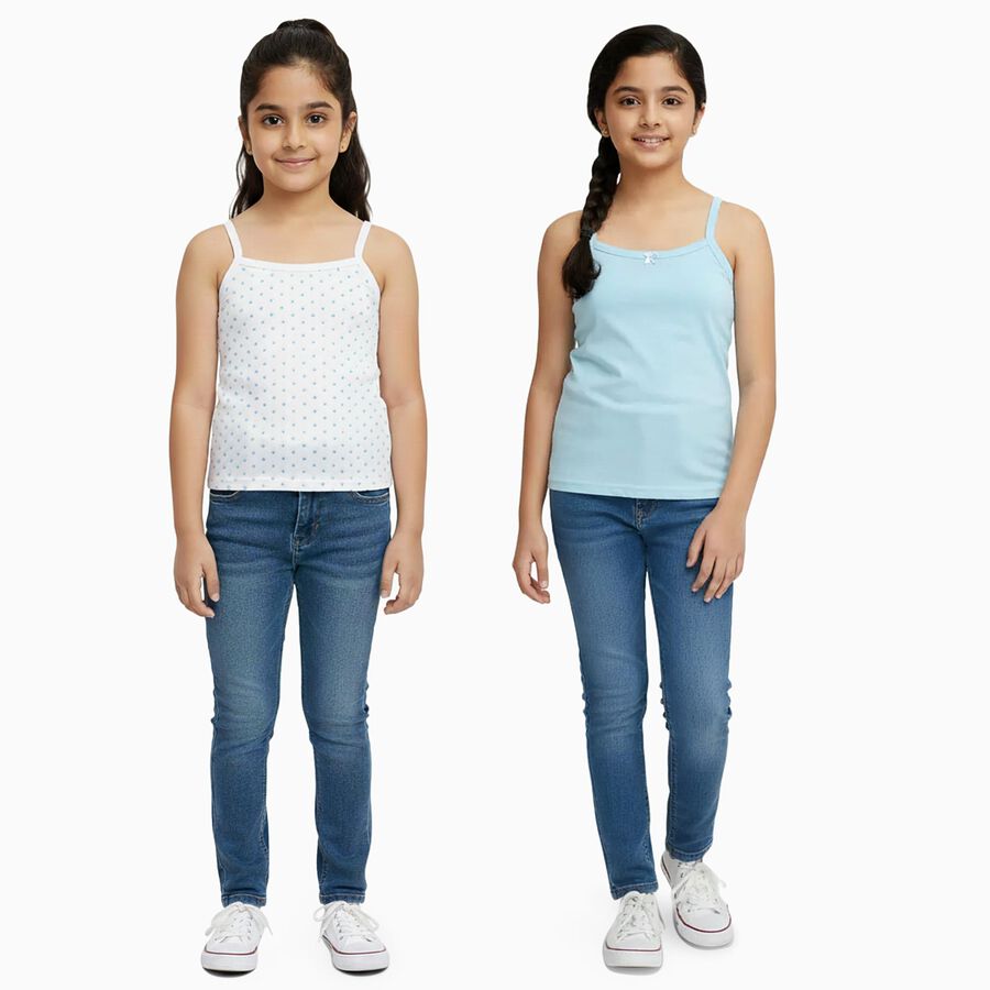 Girls' Soft Sky Blue and White Cotton Square Neck Sleeveless Vest, आइस ब्लू, large image number null