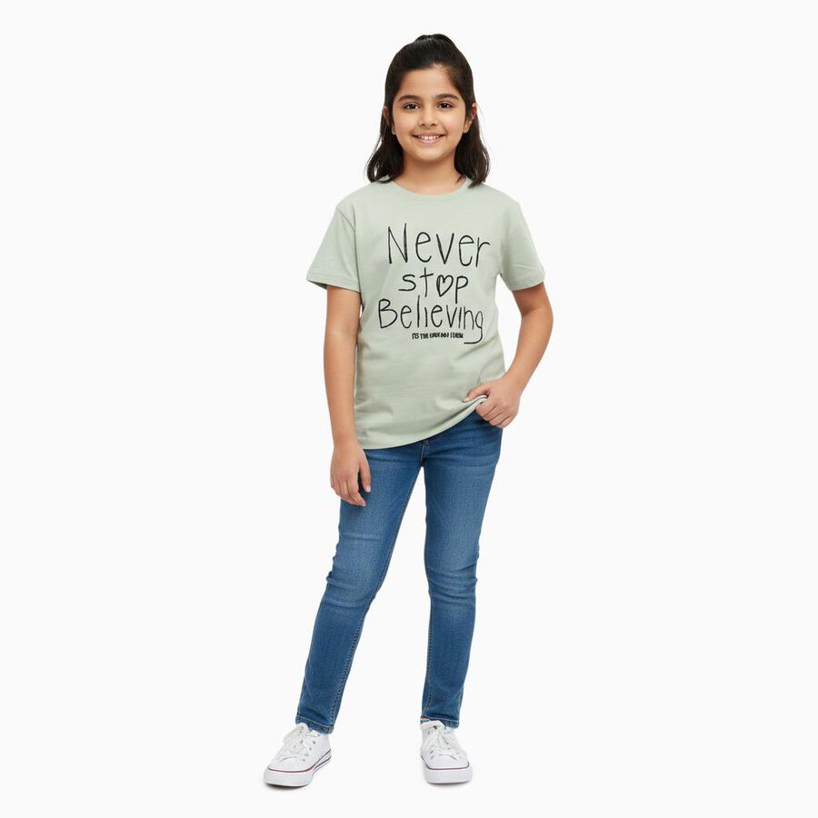 Girls Light Sage Green Cotton Round Neck Graphic T-Shirt, Light Green, large image number null