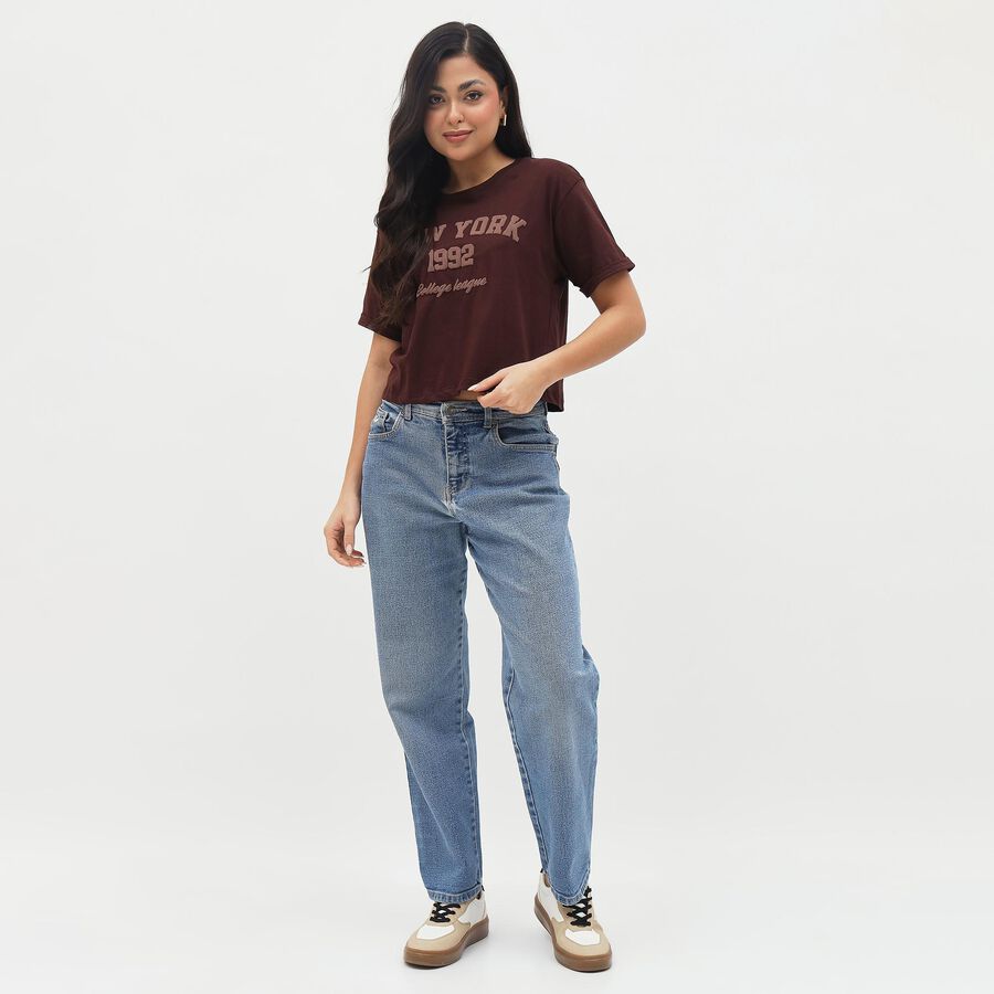 Women's Deep Brown Cotton Round Neck Casual T-Shirt, भूरा, large