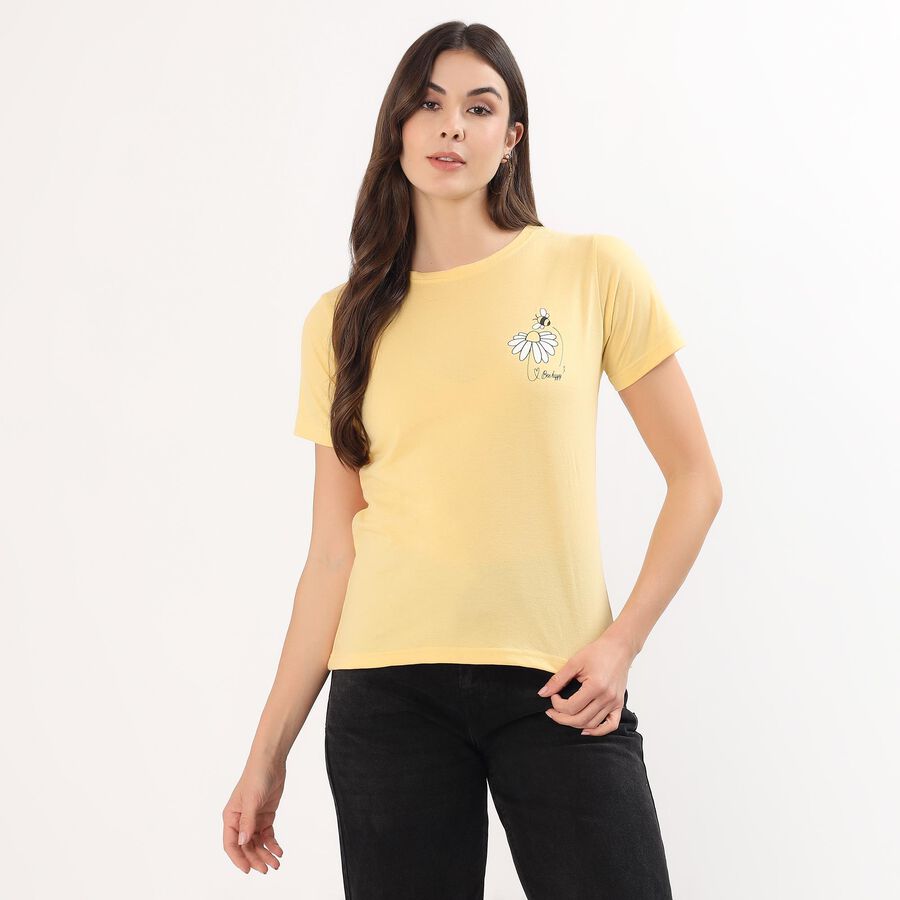 Women's Bright Yellow Round Neck Casual T-Shirt, पीला, large