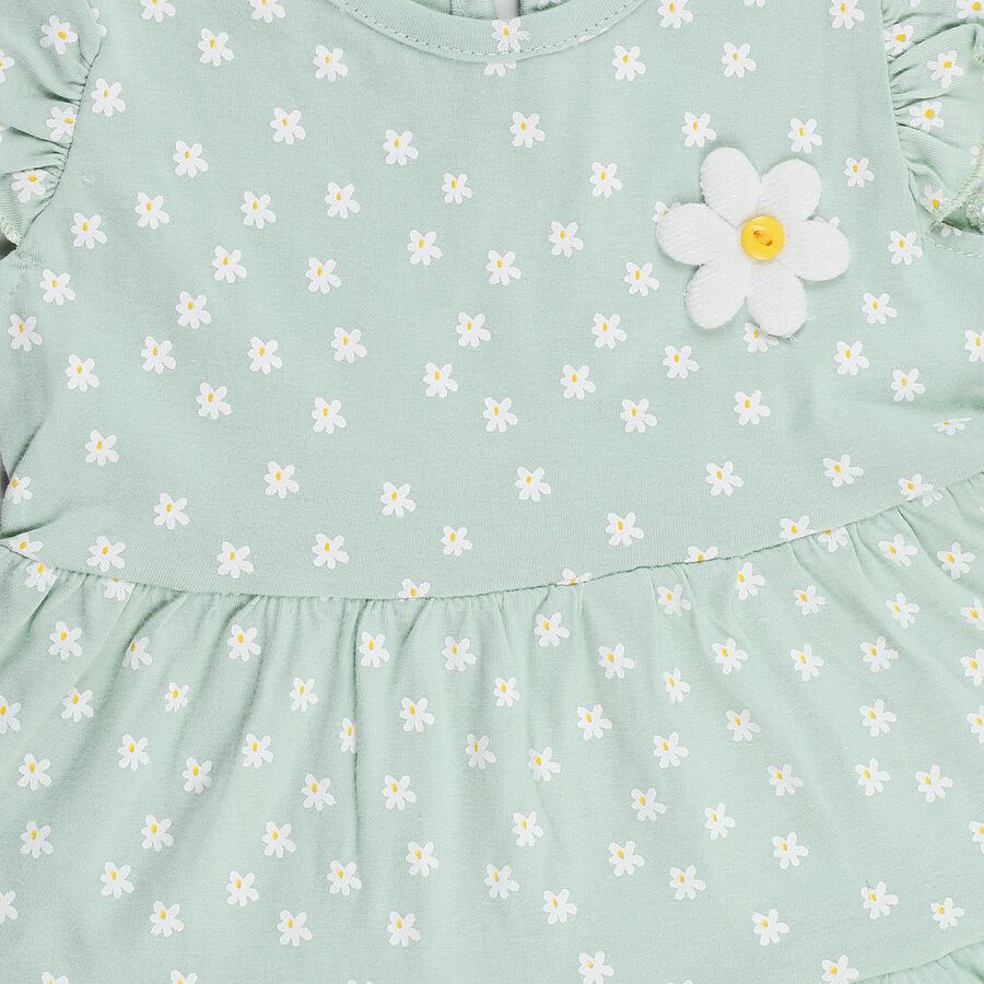 Infants' Mint Green Regular Fit Floral Printed Tiered Frock, Light Green, large