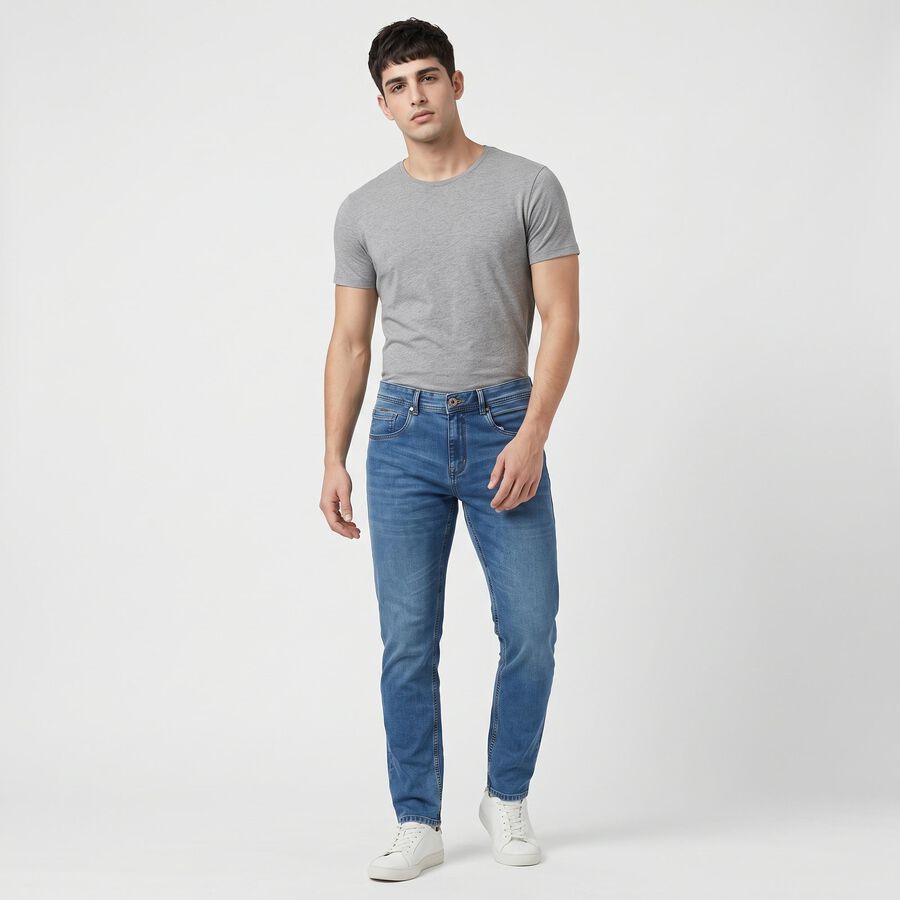 Men's Blue Slim Fit Washed Jeans, Mid Blue, large