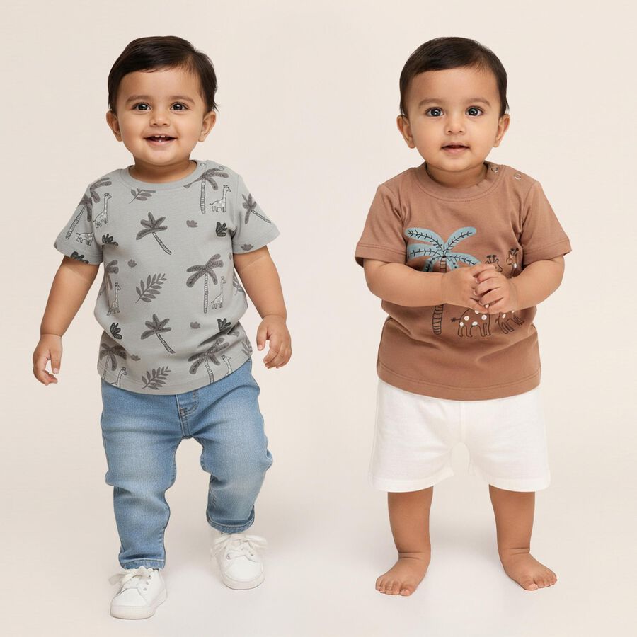 Infants Beige and Grey Cotton Round Neck Casual T-Shirt, Beige, large