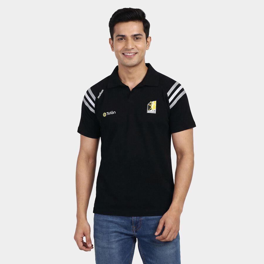 Men's Black Cotton Blend Polo Neck Classic T-Shirt, काला, large