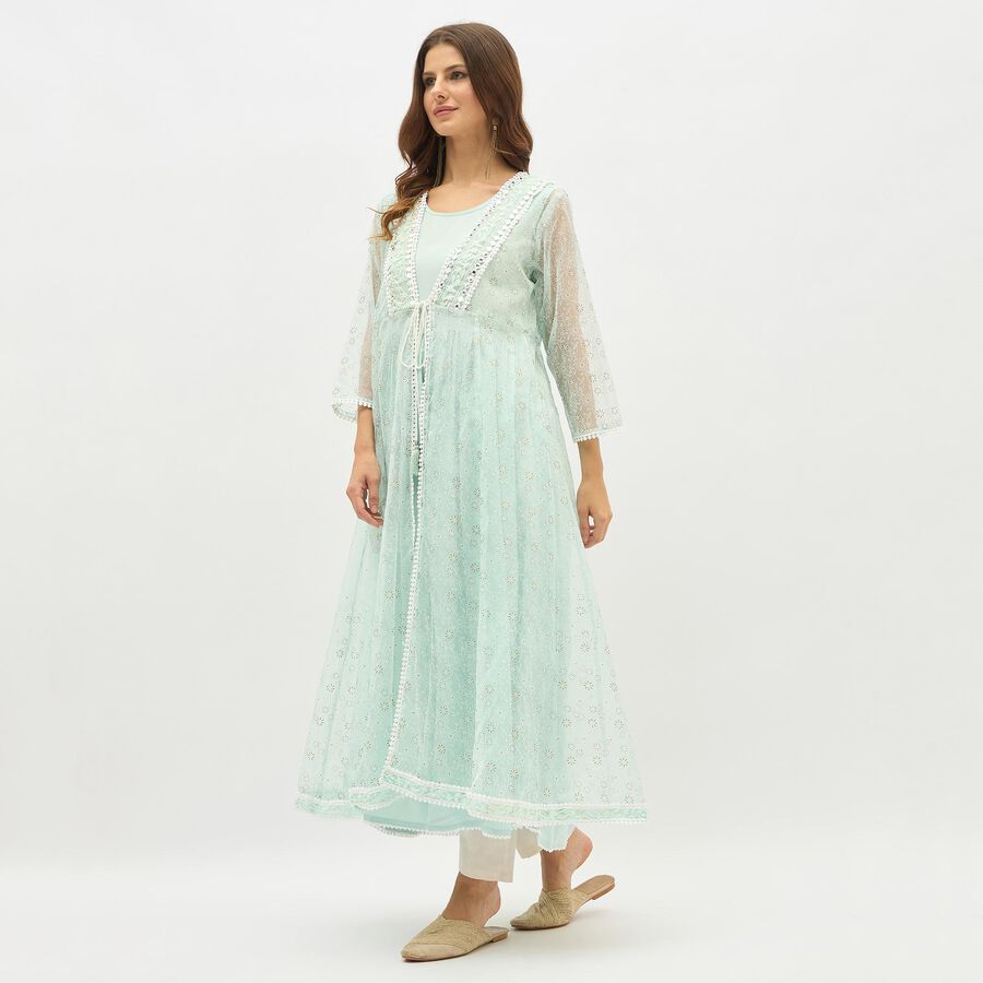 Women's Light Mint Green Round Neck Embroidered Layered Kurta, Aqua, large image number null