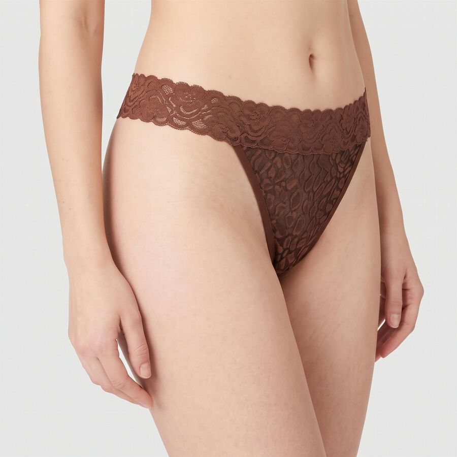 Women's Brown Regular Fit Lace Thong Panty, भूरा, large