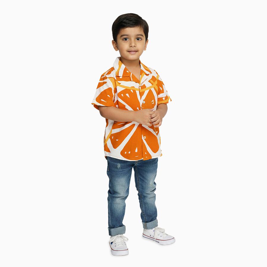 Boys Bright Orange Half Sleeve Cuban Collar Casual Shirt, Orange, large image number null