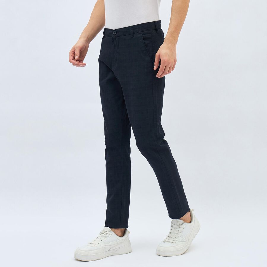 Men's Navy Blue Slim Fit Checkered Casual Trousers, Navy Blue, large image number null