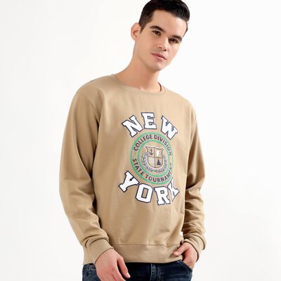 Men's Beige Crew Neck Graphic Sweatshirt
