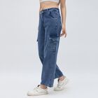 Women's Stonewashed Blue Wide Leg Cargo Jeans, मध्यम नीला, small image number null