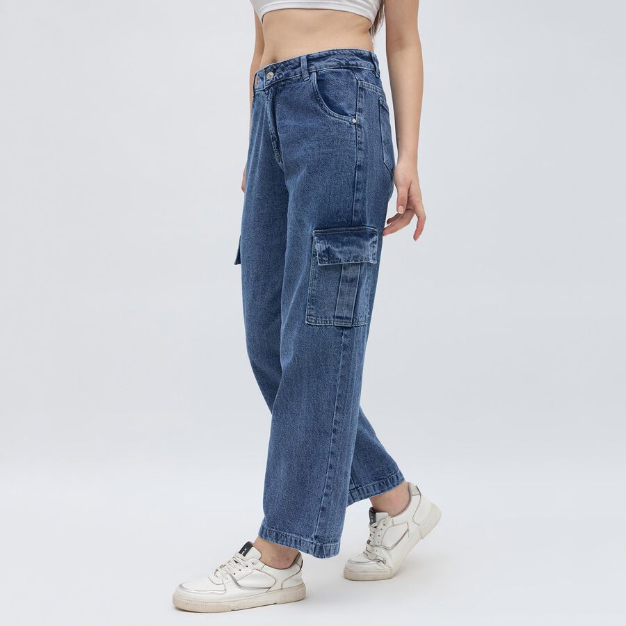 Women's Stonewashed Blue Wide Leg Cargo Jeans, मध्यम नीला, large image number null