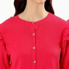 Women's Bright Pink Cotton Round Neck Ruffle Sleeve Top, Pink, small
